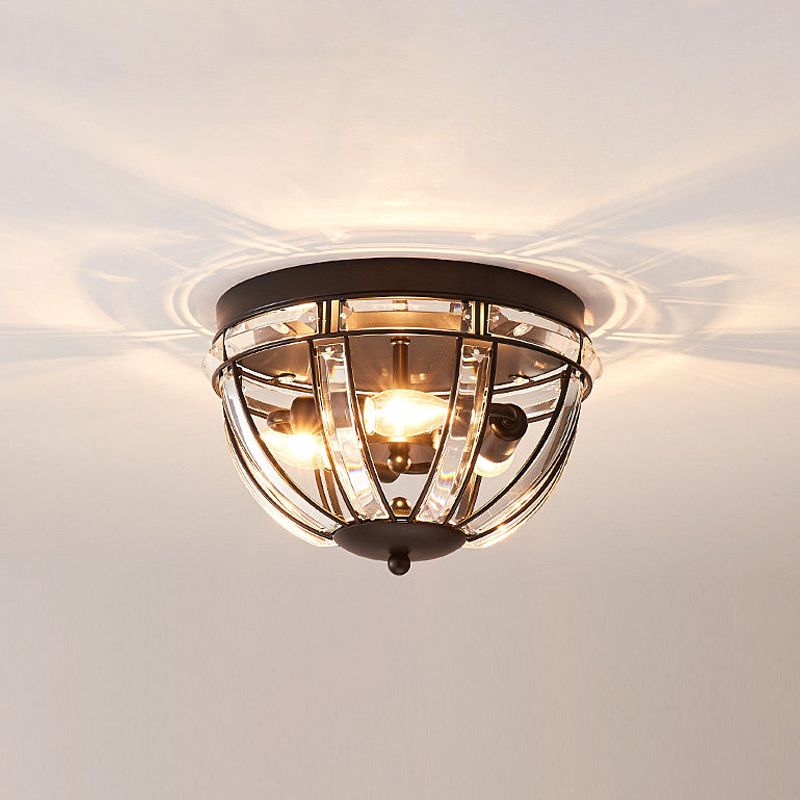 Dome Corridor Ceiling Fixture Rectangle-Cut Crystal 3 Bulbs Simplicity Flush Mount Light in Black/Gold