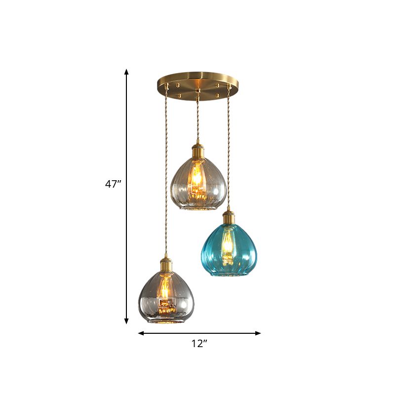 Tan-blu-grigio-grigio vetro Multifiling Light Light Vintage 3-Bulb Lampada a sospensione in ottone con baldacchino lineare/rotondo