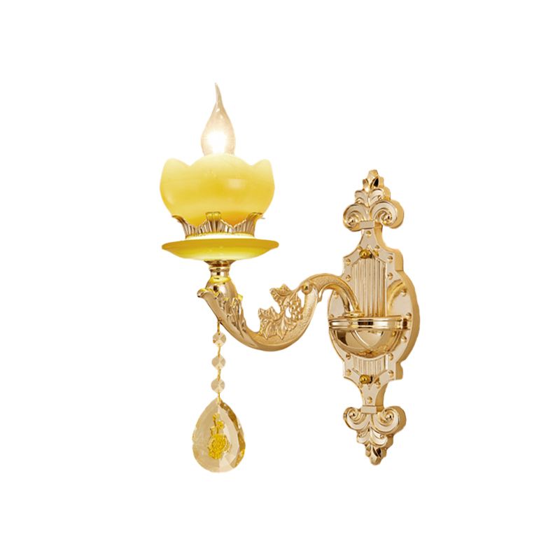 Gold Candle Wall Light Fixture Mid-Century Jade 1-Bulb Bedroom Wall Sconce with Crystal Draping