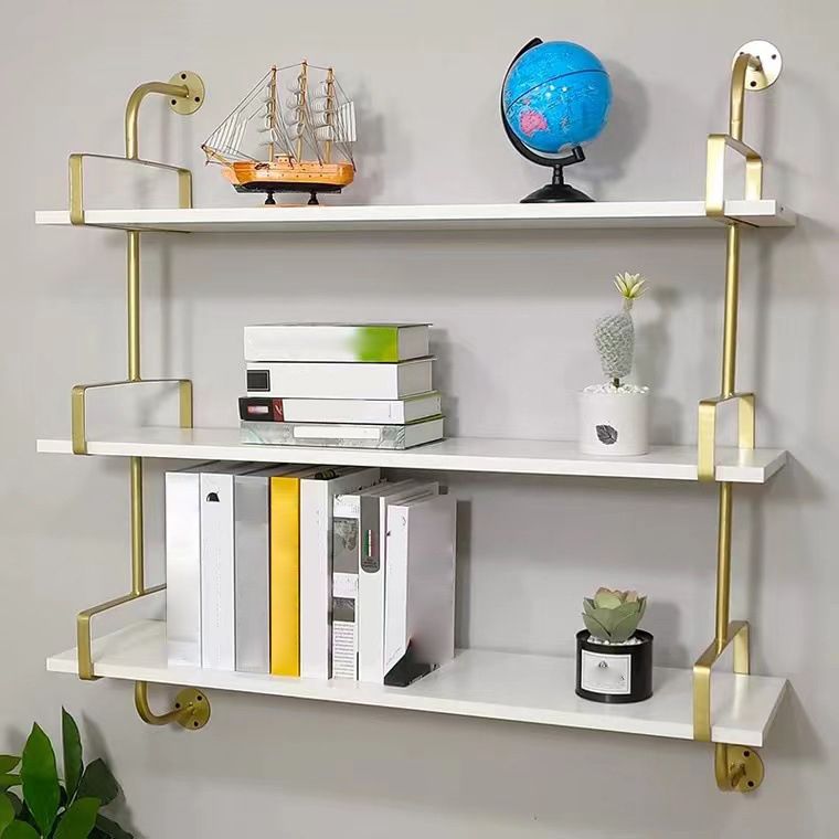 Metal and Wooden Shelf Bookcase Open Wall Mounted Gold Bookshelf for Home