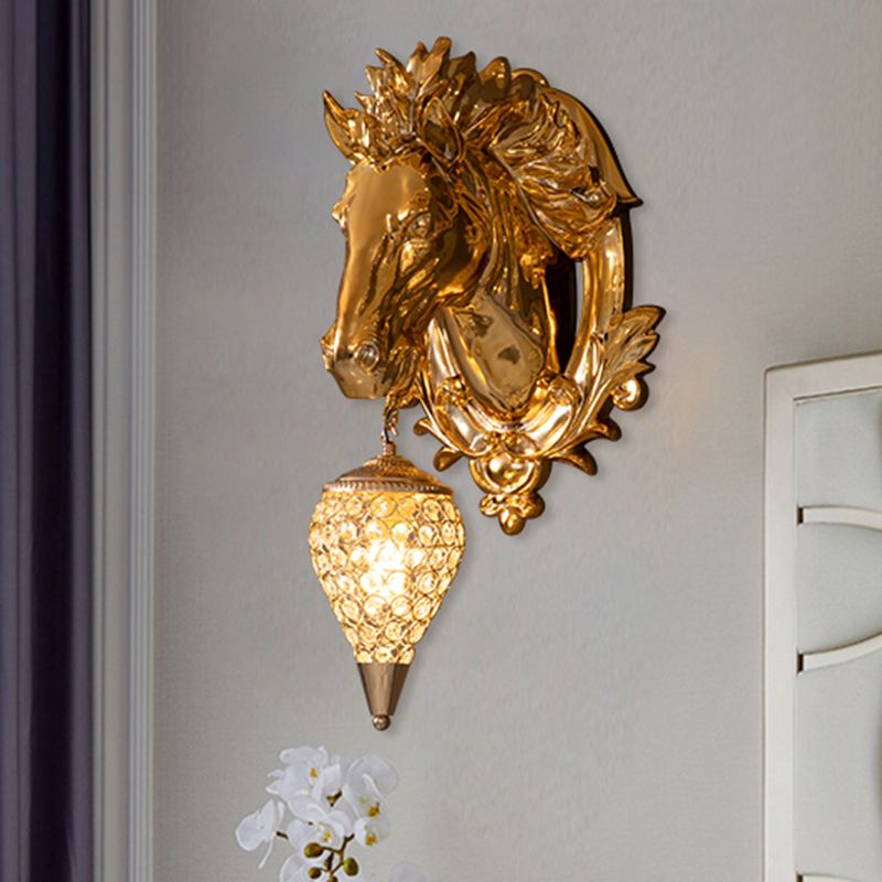 Luz de matorral de caballos de latón Vintage 1 luz de montaje de pared de resina de luz con helado de metal y sombra de cristal, 9.5 "/12" de ancho