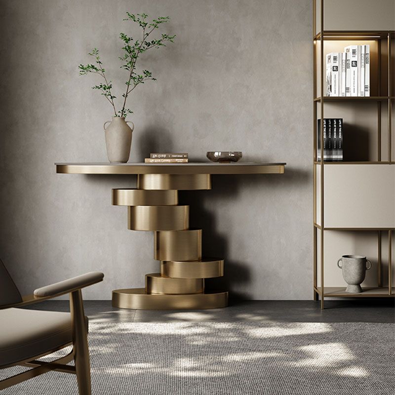 Glam Stone Console Table Golden Oval Console Accent Table for Hall