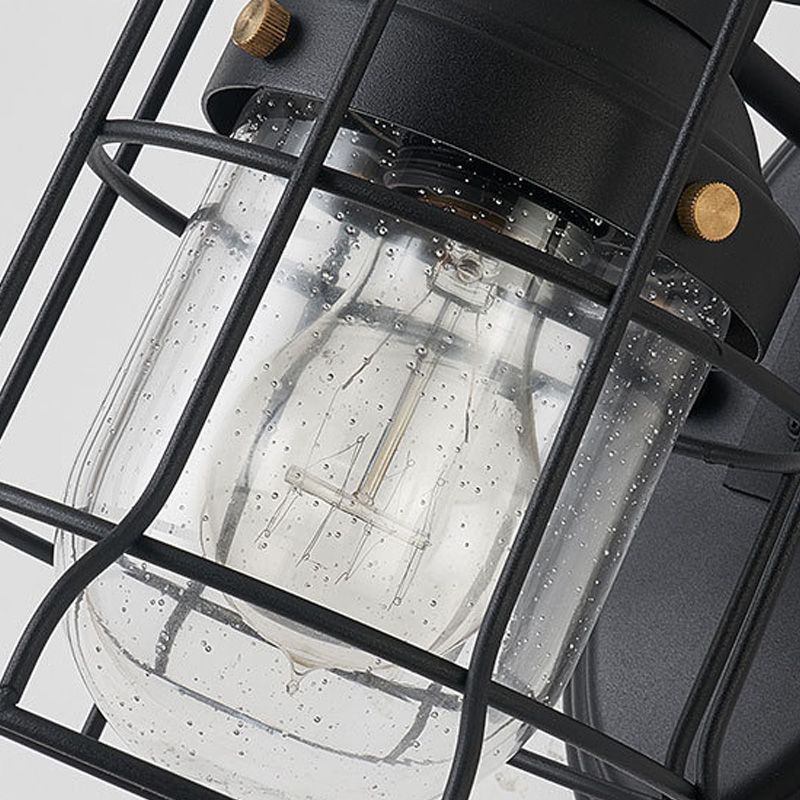 1 Light Bell Shade Sconce Light Industrial Black Seedy Glass Wall Lamp for Corridor with Metal Cage Frame