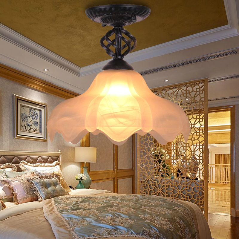 1 Light Semi Flush Mount Traditional Scalloped Frosted Glass Ceiling Light in Black/White for Bedroom