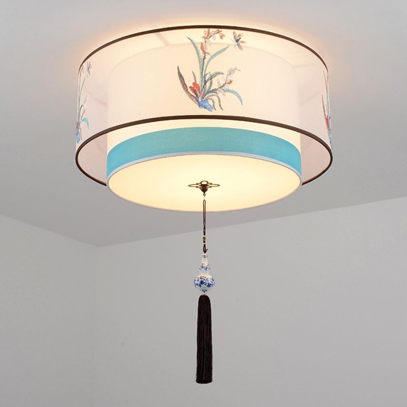 Geometric Wrought Iron Ceiling Light in Traditional Simplicity Fabrics Indoor Flush Mount with Ceramic Flower Decoration