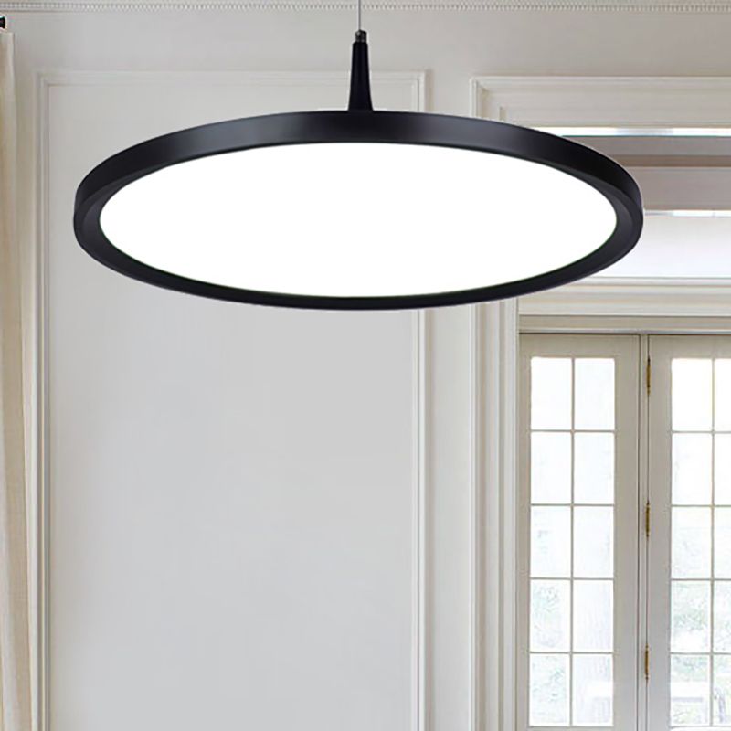 Led Office Pendant Lamp with Plate Metal Shade Simplicity White/Black Ceiling Light Fixture in White/Warm Light, 12"/16"/19.5" Wide