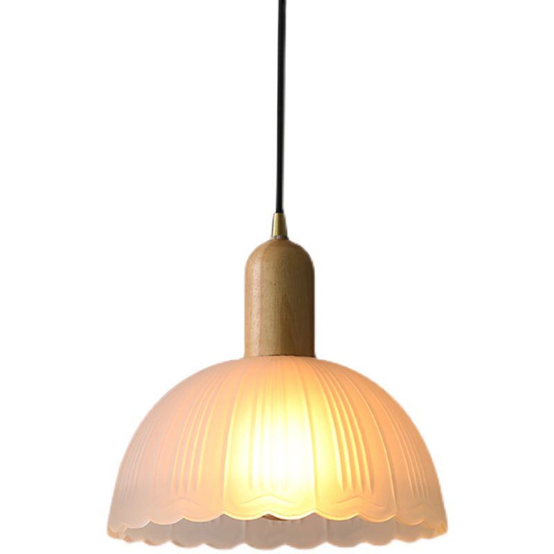 Nordic Grosted Glass Bowl Pendant Light Light 1-Light Wood Blowing Lamping for Dining Room