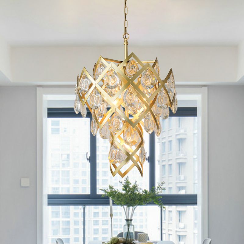 Mid Century Crisscrossed Chandelier 4 Lights Faceted Crystal Drip Pendant Light in Gold