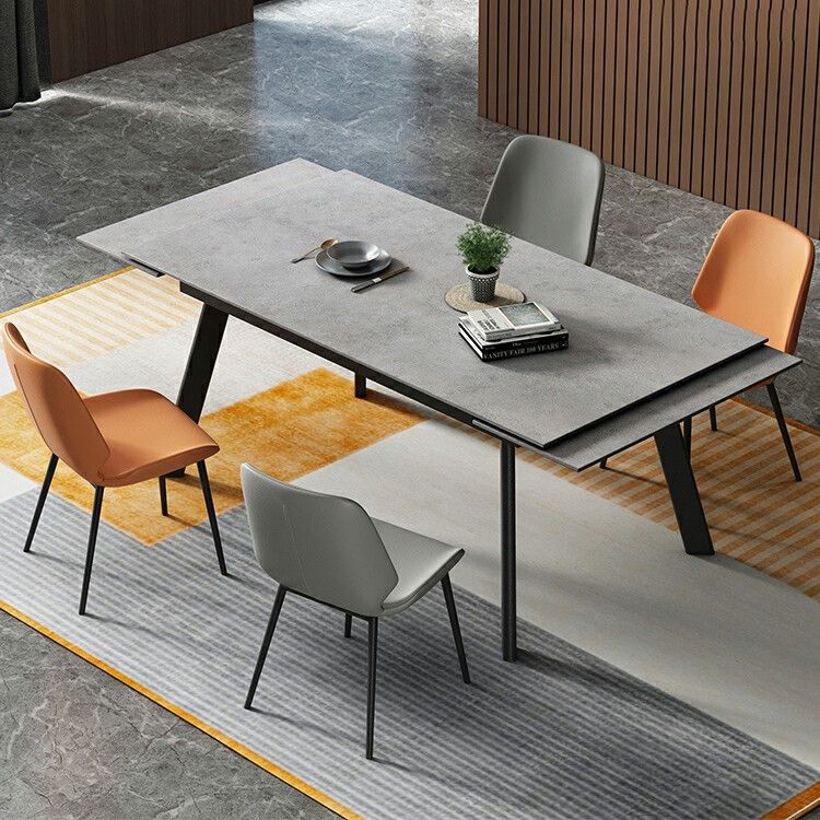 Contemporary Style Sintered Stone Dining Table with Grey Fixed Table and 4 Black Legs Base