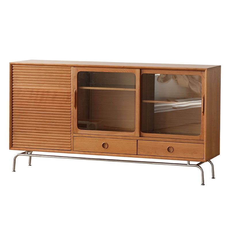 Contemporary Pine Display Stand Glass Doors Storage Cabinet with Doors