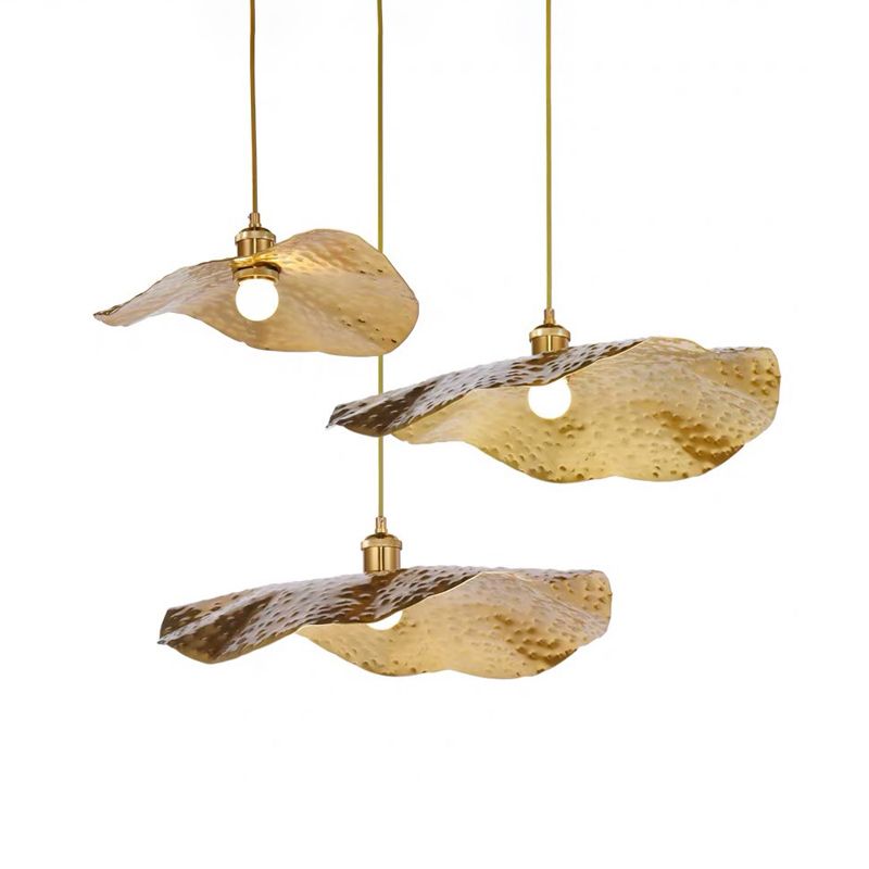 Hammered Lotus Leaf Metal Pendant Lamp Minimal 1 Light Brass Hanging Ceiling Light for Dining Room