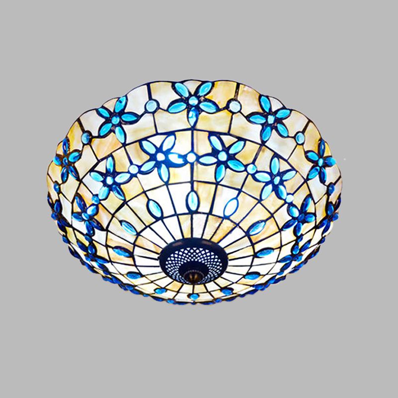 Mediterranean Bowl-Shape Flush Light 3/4 Heads Shell Ceiling Mounted Lamp in Blue, 16"/21" Width