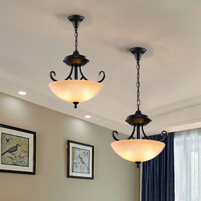 Black Domed Chandelier Lighting Traditional Tan Glass 3-Head Corridor Hanging Pendant Lamp