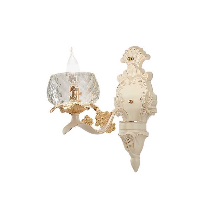 Prontolone della parete del braccio intagliato con ciotola in vetro trasparente paralume vintage 1/2 lampadine monte a parete in bianco