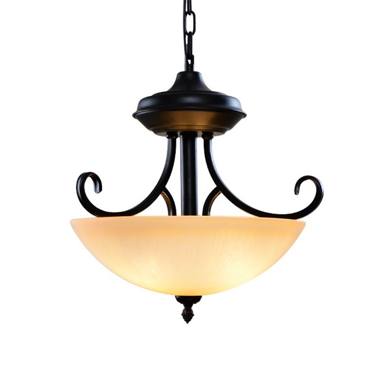 Black Domed Chandelier Lighting Traditional Tan Glass 3-Head Corridor Hanging Pendant Lamp