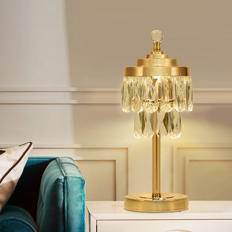 Gold LED Table Light Vintage Beveled Crystal Prism 2 Tiers Night Stand Lamp for Bedroom