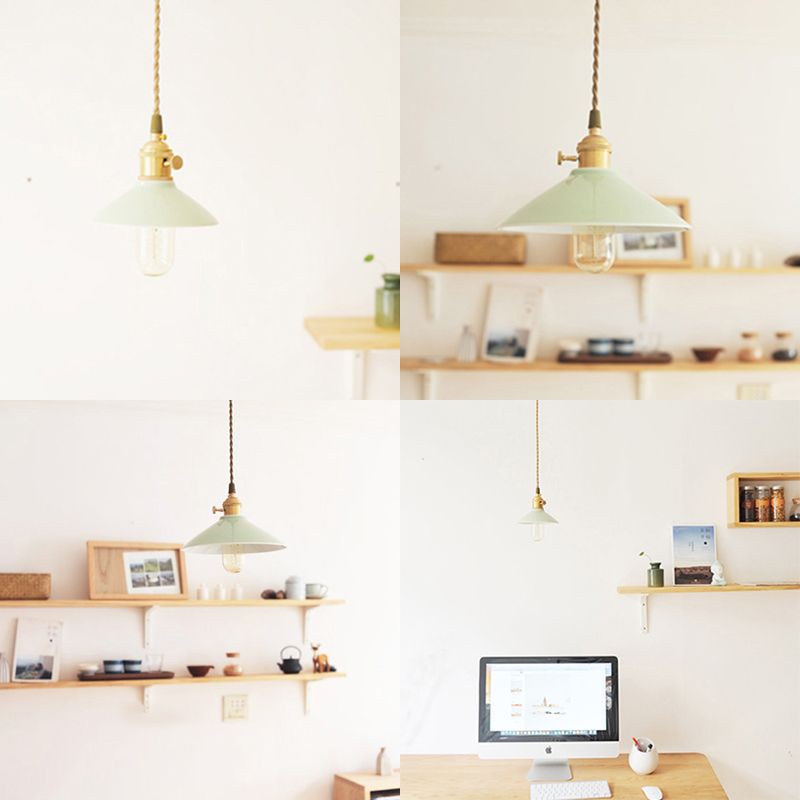 Modernism Conical Suspended Light 5.5"/8" Width 1 Light Ceramic and Metal Pendant Light in White over Table