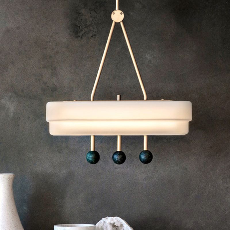 Opal Glass Linear Pendant Lighting Fixture Nordic LED Hanging Lamp Kit in White for Dining Room, White/Warm Light