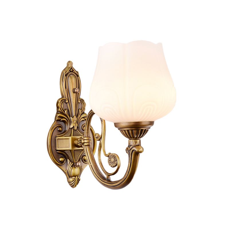 Flower Shaped Foyer Wall Lamp Traditional Opal Glass Bronze Finish Wall Mounted Light