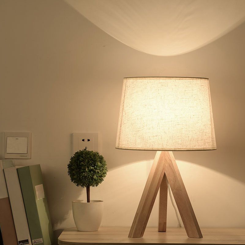 Tapered Table Lighting Simplicity Fabric 1 Bulb Bedside Nightstand Lamp with Wooden Tripod in White