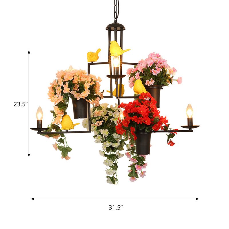 6 Heads Candelabra Suspension Pendant Industrial Black Metal Chandelier Pendant Light with Flower Decoration