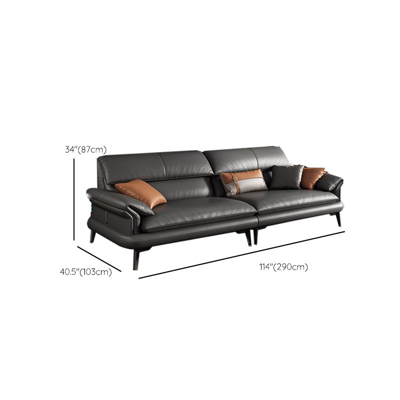 Scandinavian Sofa Genuine Leather Dark Gray Cushions Pillow Top Arm Seating