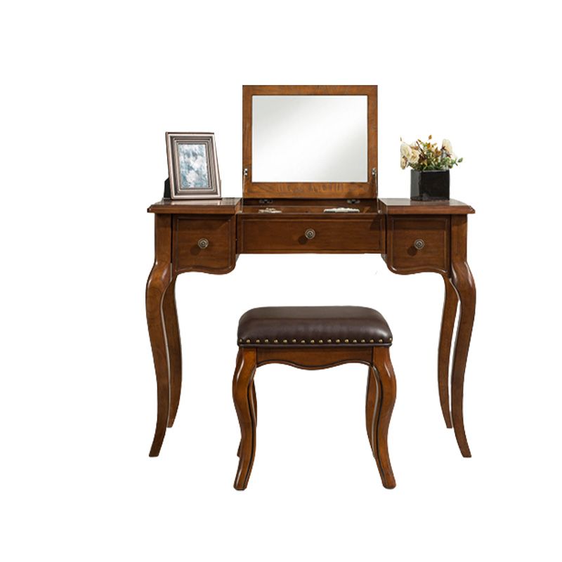 Traditional Standing Espresso Solid Wood 3 Drawer Mirror Bedroom Dressing Table