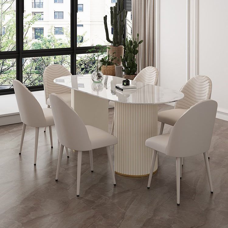 Contemporary Dining Table Stone Dining Table in White with Double Pedestal