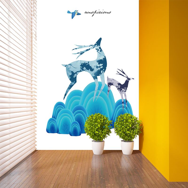 Illustration Deer and Stone Murals for Childrens Bedroom, Blue and Purple, Custom Size Available