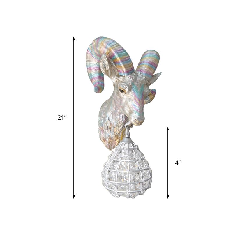 1 Light Resin Wall Lamp Rustic Silver Goat Indoor Sconce Light Fixture with Orb Crystal Shade