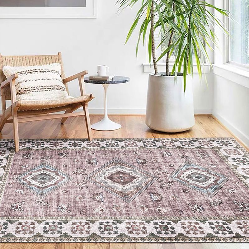 Retro Tribal Flower Pattern Rug Pink and Grey Polyester Rug Washable Pet Friendly Anti-Slip Carpet for Living Room