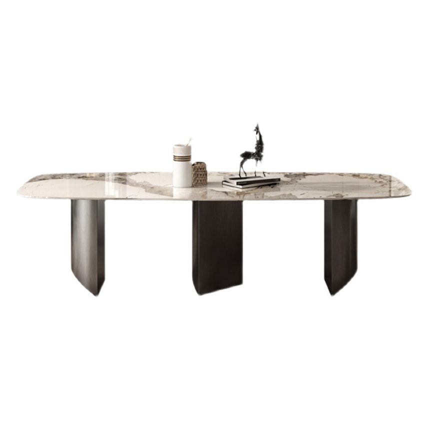 Minimalist Style Sintered Stone Dining Set with White Fixed Table and Grey Double Pedestal Base