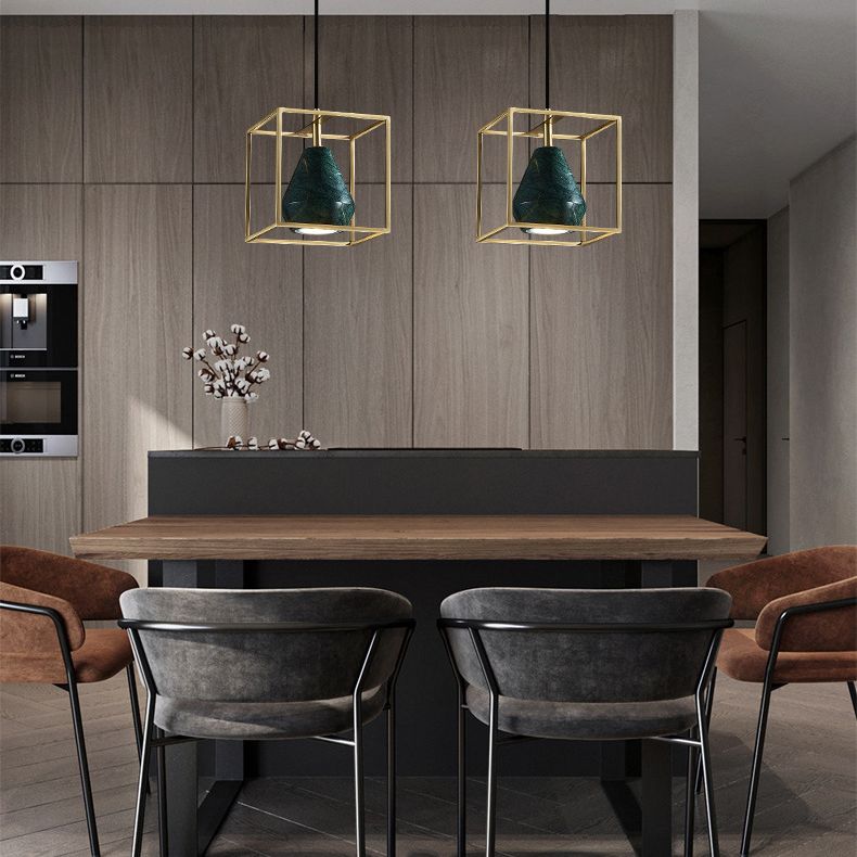 Blackish Green Shade Pendant Light Retro Nordic 1-Light Marble Hanging Light with Gold Cage