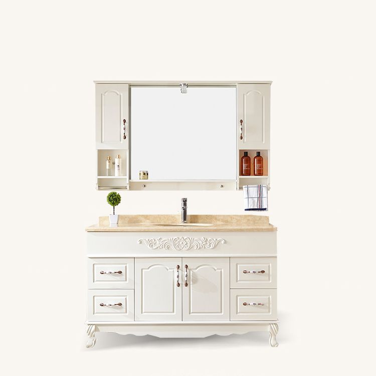 Wood Frame Bathroom Vanity White Freestanding Mirror Drawers Rectangle Vanity with 2 Doors
