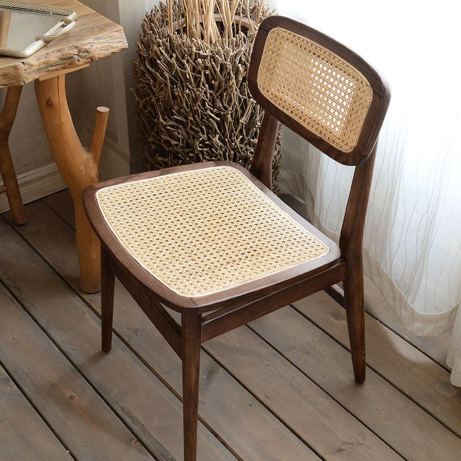 Sillas de comedor sin brazos para interiores, sillas laterales de ratán con patas de madera (juego de 2)