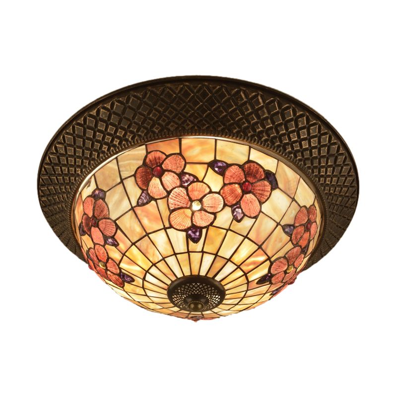 Bronze Cap Shape Flush Light Tiffany LED Shell Flush Mount Ceiling Fixture with Trellis Pattern