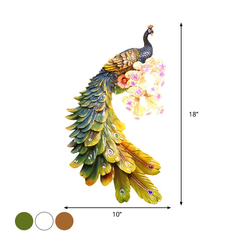 Peacock Bedroom Wall Mounted Lamp Rural Resin 2 Lights White/Green/Gold Wall Lighting Idea with Floral Crystal Ball Decor, Left/Right