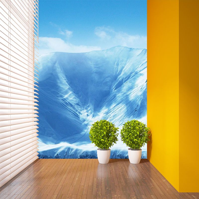 Huge Snowy Mountains Mural Wallpaper Blue Non-Woven Wall Covering, Washable, Custom Made