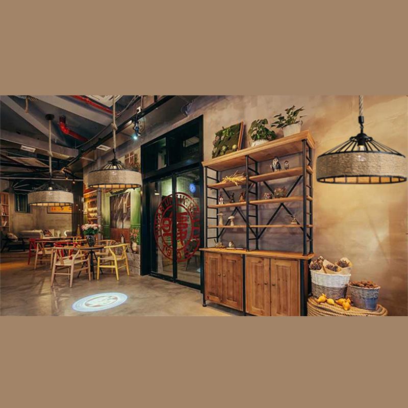 Touw beige plafond hanger lichte drum industriële stijl commerciële hangerverlichting