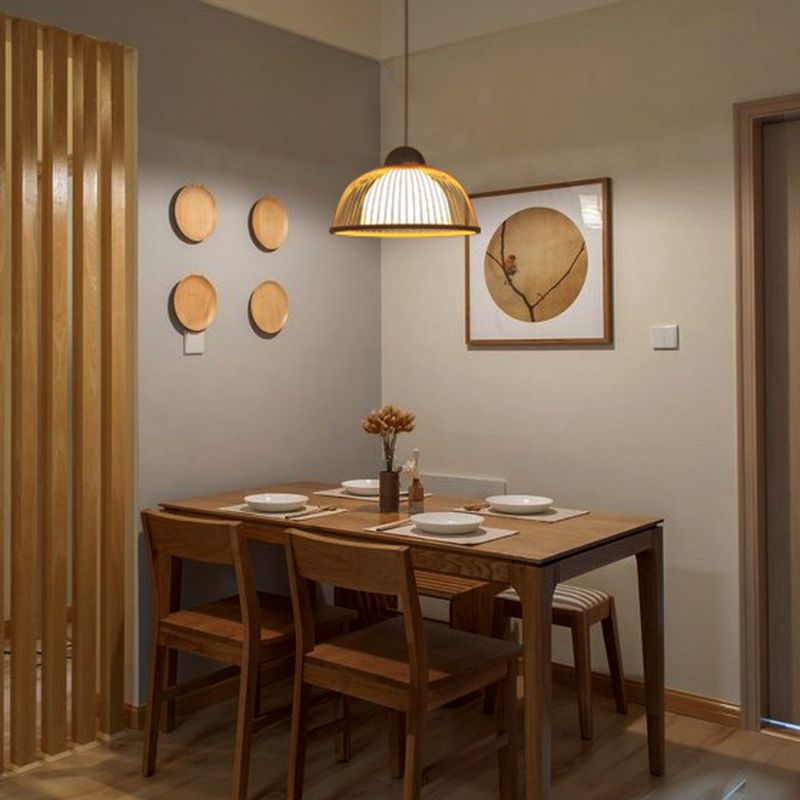 Hemispherical Bamboo Ceiling Light Asian Style 1 Bulb Wood Hanging Lamp for Restaurant