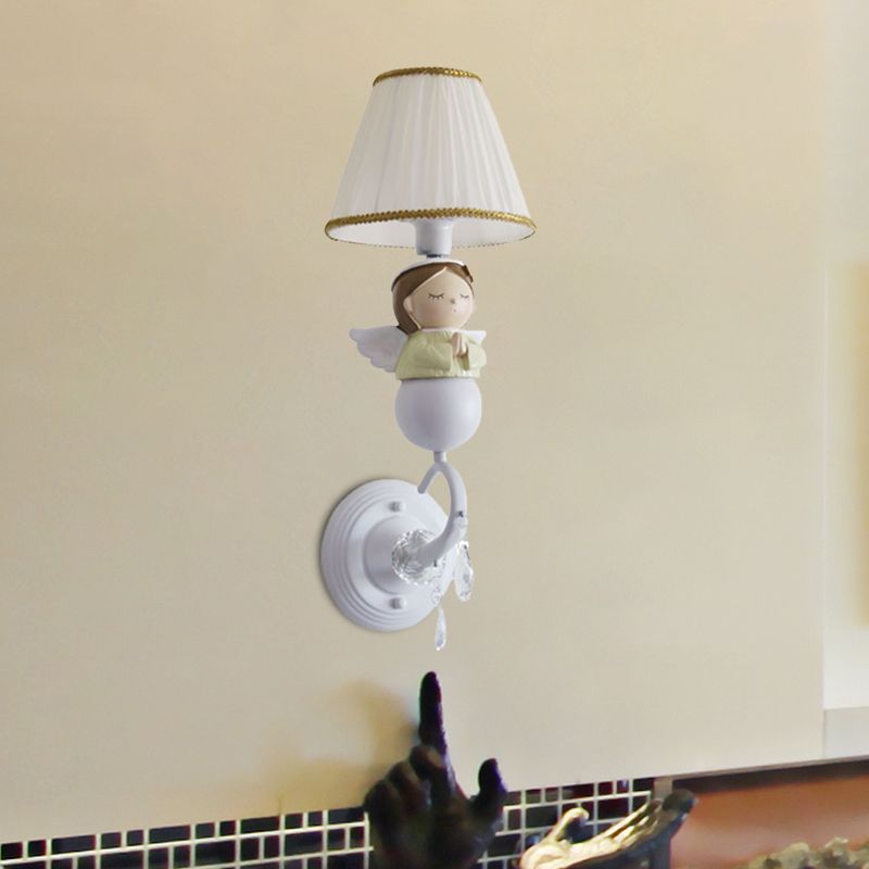 Fabric Barrel Wall Light Fixture Cartoon 1-Head White Wall Sconce Lamp with Resin Angel Design