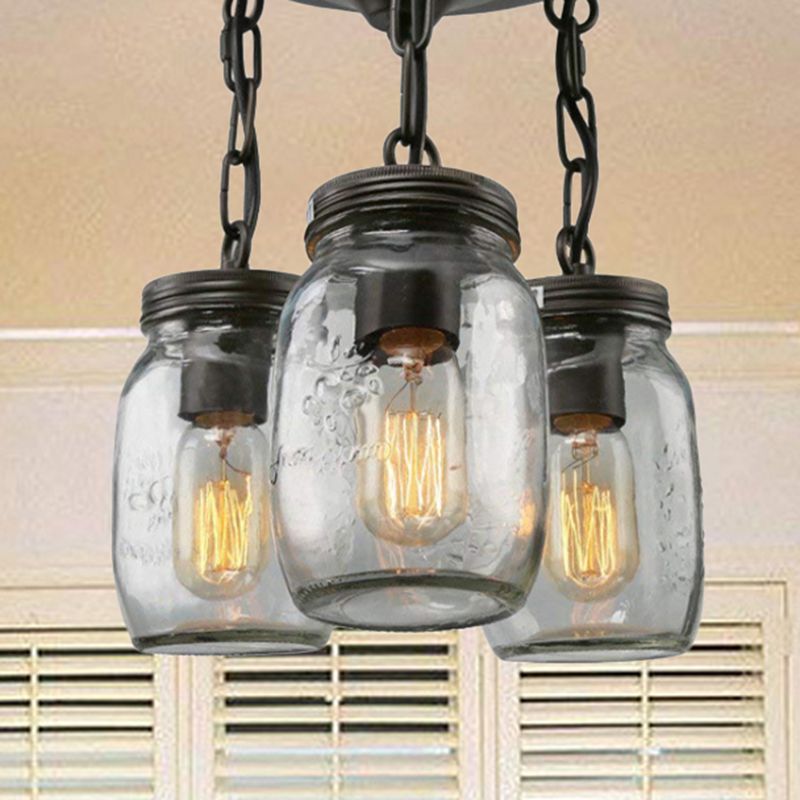 Mason Jar Etched Clear Glass Semi-Flush Industrial 3/5-Bulb Dining Room Light Fixture