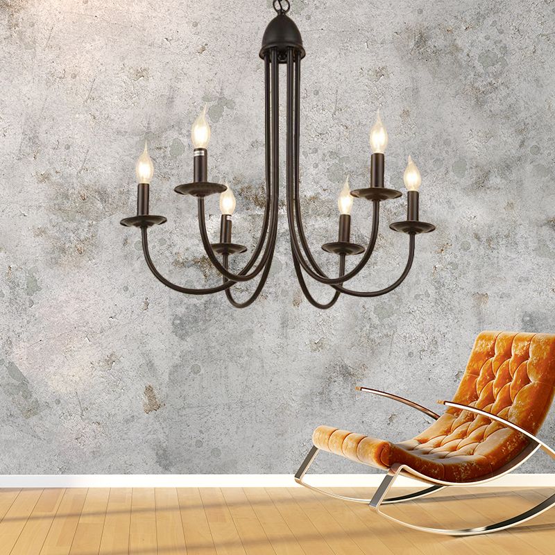 6/8 Heads Iron Chandelier Light Rustic Style Bronze Bare Bulb Dining Room Hanging Pendant with Curved Arm