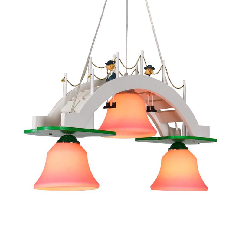 Pink Glass Bell Chandelier Kids 3-Light Down Lighting Pendant with Wooden Bridge Design
