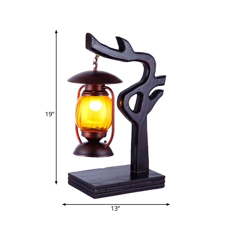 Lampe de bureau au kérosène d'usine, éclairage de table en verre jaune clair à 1 lumière en cuivre avec motif d'arbre en bois