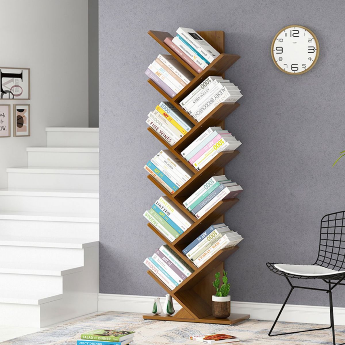 Modern Bamboo Bookshelf Geometric Closed Back Vertical Bookcase
