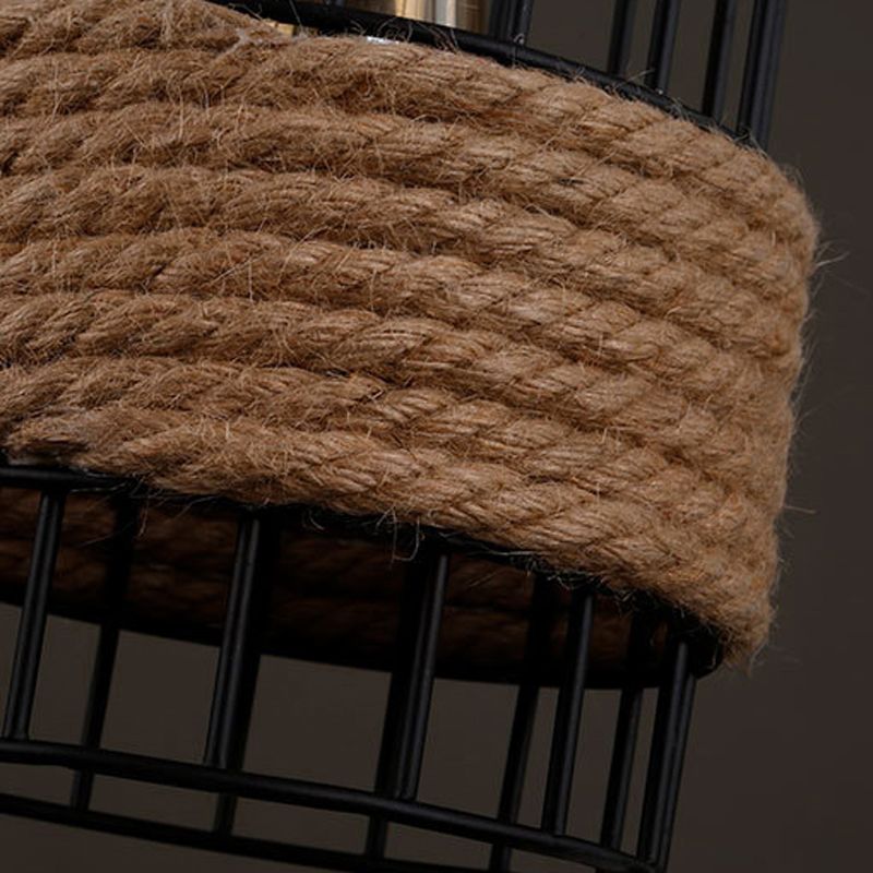 3 - Light Industrial Kitchen Island Lighting Metal & Hemp Rope Ceiling Fixture in Black