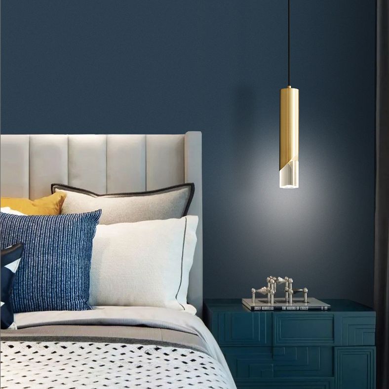 Cilindrische koperen LED -verlichting Hanger Acryl schaduw Minimalisme Slaapkamer Suspensielamp met 78,7 "Hangdraad