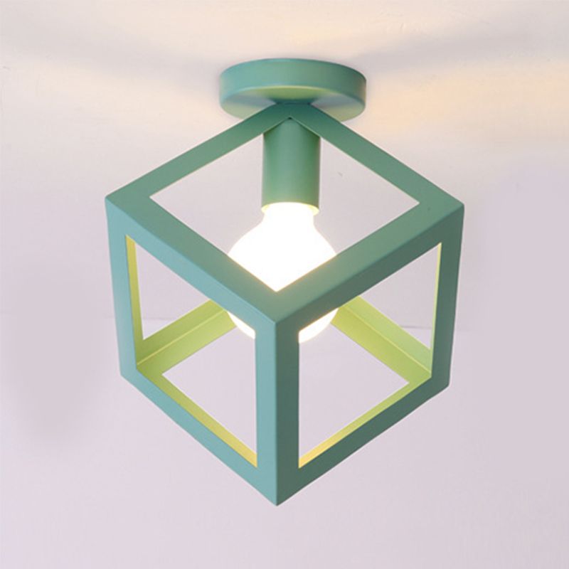 1 Light Squared Ceiling Mounted Light with Wire Guard Loft Style Black/Gray Metallic Semi-Flush Lighting for Bedroom