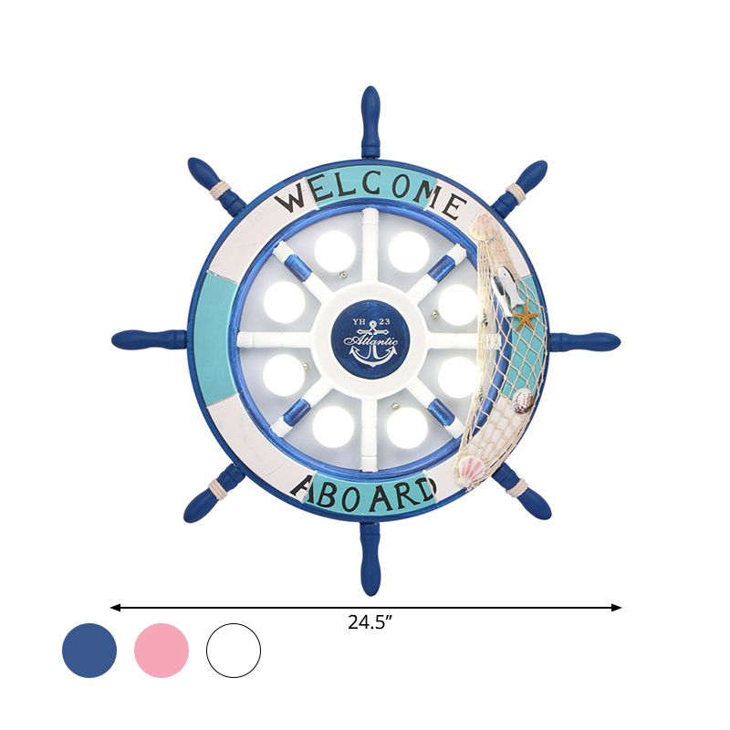 Wooden Ship Rudder Ceiling Lamp Kids 8-Bulb White/Pink/Blue LED Semi Flush Mount Light in White/3 Color Light